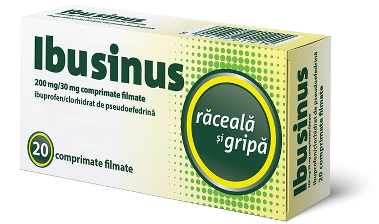 Cutia Ibusinus văzută din față - medicament pentru răceală și gripă, 20 comprimate filmate
