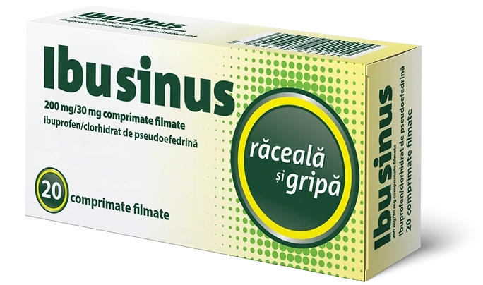 Cutia Ibusinus văzută din față - medicament pentru răceală și gripă, 20 comprimate filmate