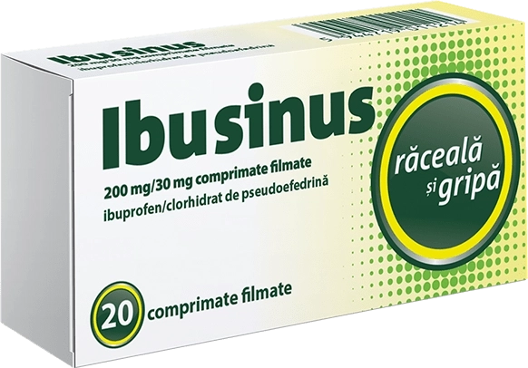Cutia medicamentului Ibusinus 200mg/30mg cu ibuprofen și clorhidrat de pseudoefedrină, 20 comprimate filmate pentru răceală și gripă