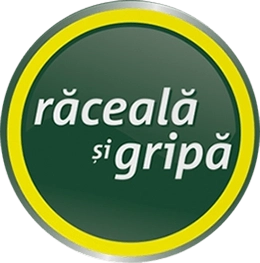 Simbol circular verde cu marginea galbenă conținând textul răceală și gripă.